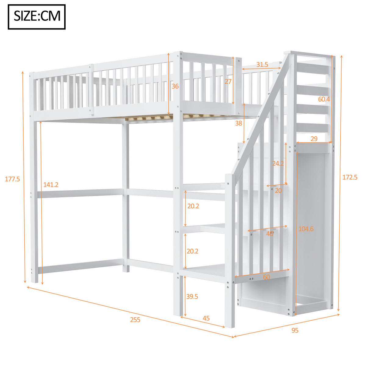 HOCHBETT 90/200 cm Weiß aus Holz mit Treppe, Regal und Kleiderschrank - Weiß, Holz (90/200cm) - Flora Grace