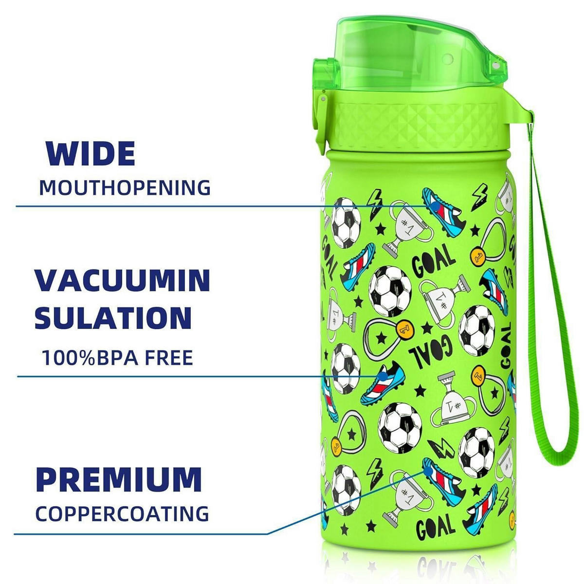 KINDER Trinkflasche mit Strohhalm 420 ml Edelstahl isoliert grün Fußball - Grün, Metall (7.5/7.5cm)