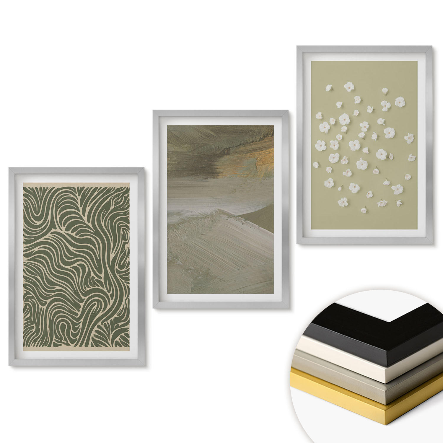 WANDBILDER 3er Set - 40x60 cm Silberner Rahmen - Abstrakte florale Wellenmuster - Silberfarben, Kunststoff (40/60cm) - ArtPrintCave