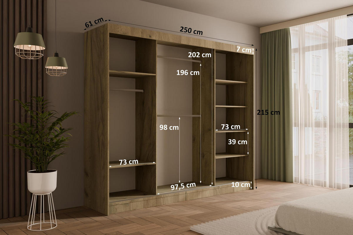 KLEIDERSCHRANK mit Lamel-Schiebetüren VILANv2 - 250 cm Eiche Kraft + Lamelle Eiche Wotan - Hellbraun/Eiche Wotan, Holzwerkstoff (250/215/61cm) - ALTDECOR