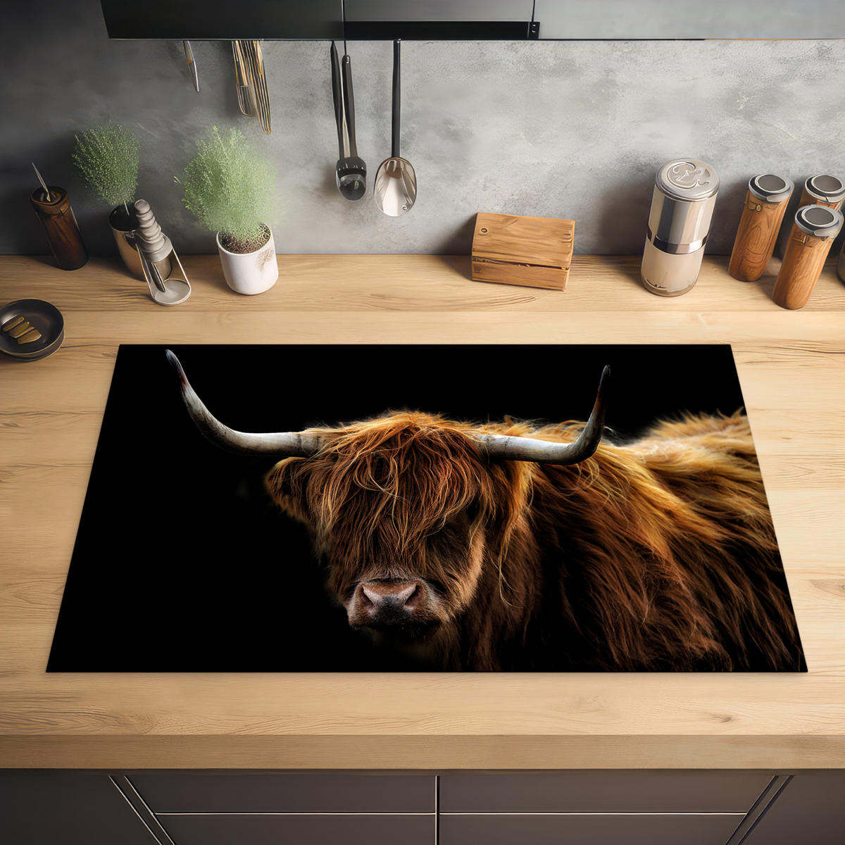 HERABDECKPLATTE - Schottischer Highlander - Hörner - Schwarz - Tiere - Natur - Wild - Kuh - 80x50 - Cognac, Kunststoff (80/50/0.2cm) - MuchoWow