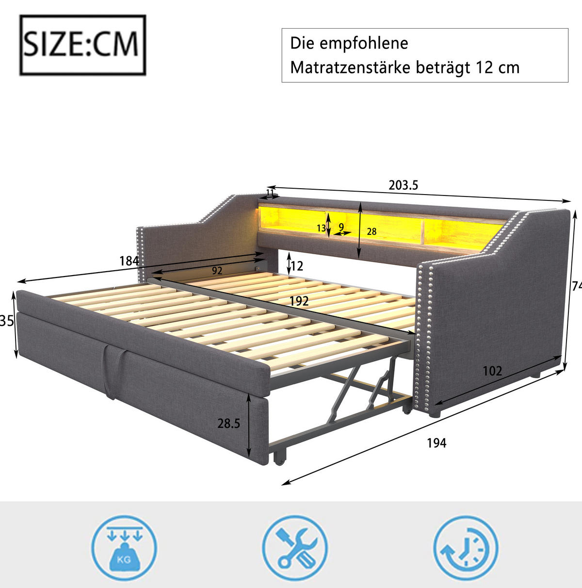 BETT 90/180/190 cm Dunkelgrau aus Leinenstoff mit Bett, LED und USB - Dunkelgrau, Textil (90/190cm) - OKMYHOME