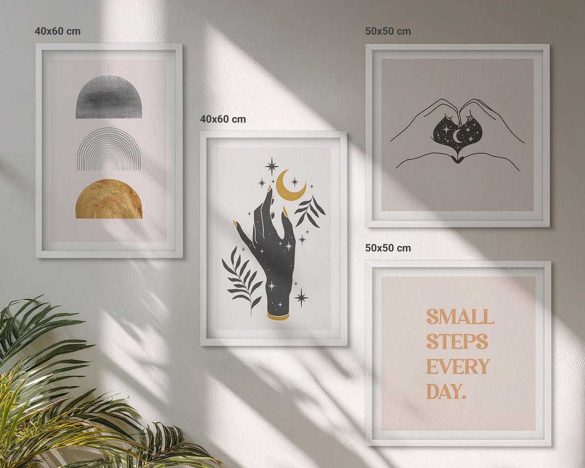 WANDBILDER 4er-Set - 50x50 cm & 40x60 cm Weißer Rahmen - Minimalistische Boho-Illustrationen - Weiß, Kunststoff (50/50cm) - ArtPrintCave