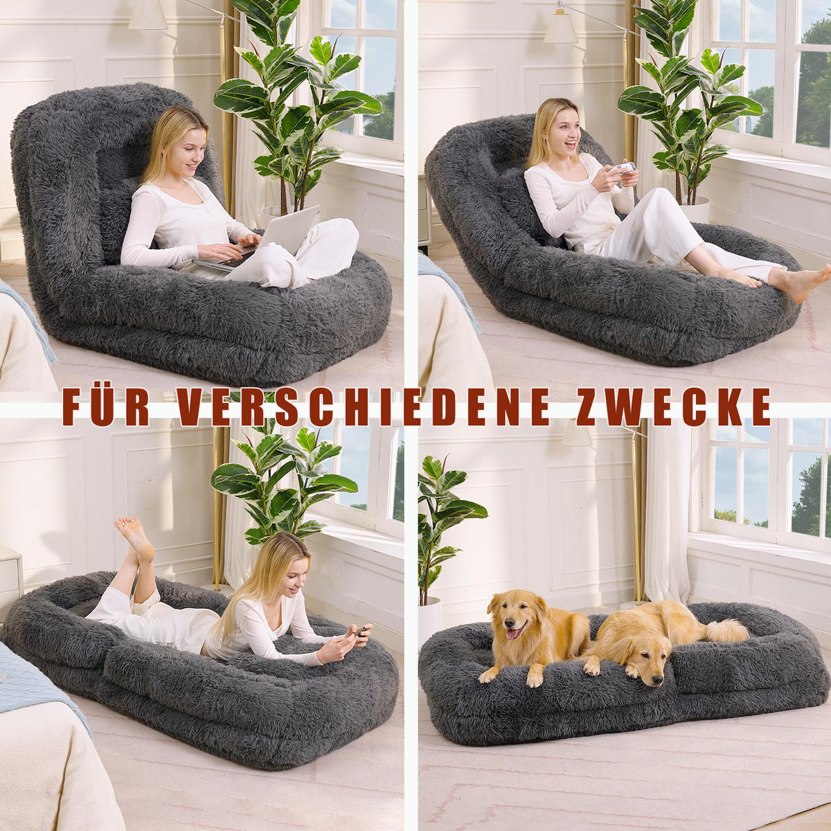 SITZSACK Plüsch Dunkelgrau klappbar und verstellbar - Dunkelgrau, Holzwerkstoff/Textil (89/42/175cm) - WISHDOR