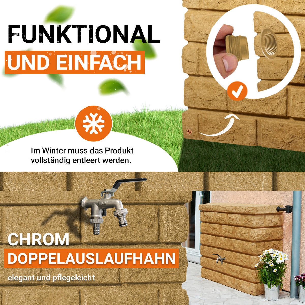 REGENTONNE Wandtank Komplett-Set 400 L, sand inkl. Chrom-Doppelauslaufhahn und Fallrohranschluss - Beige, Kunststoff (40/100/120cm) - GARANTIA