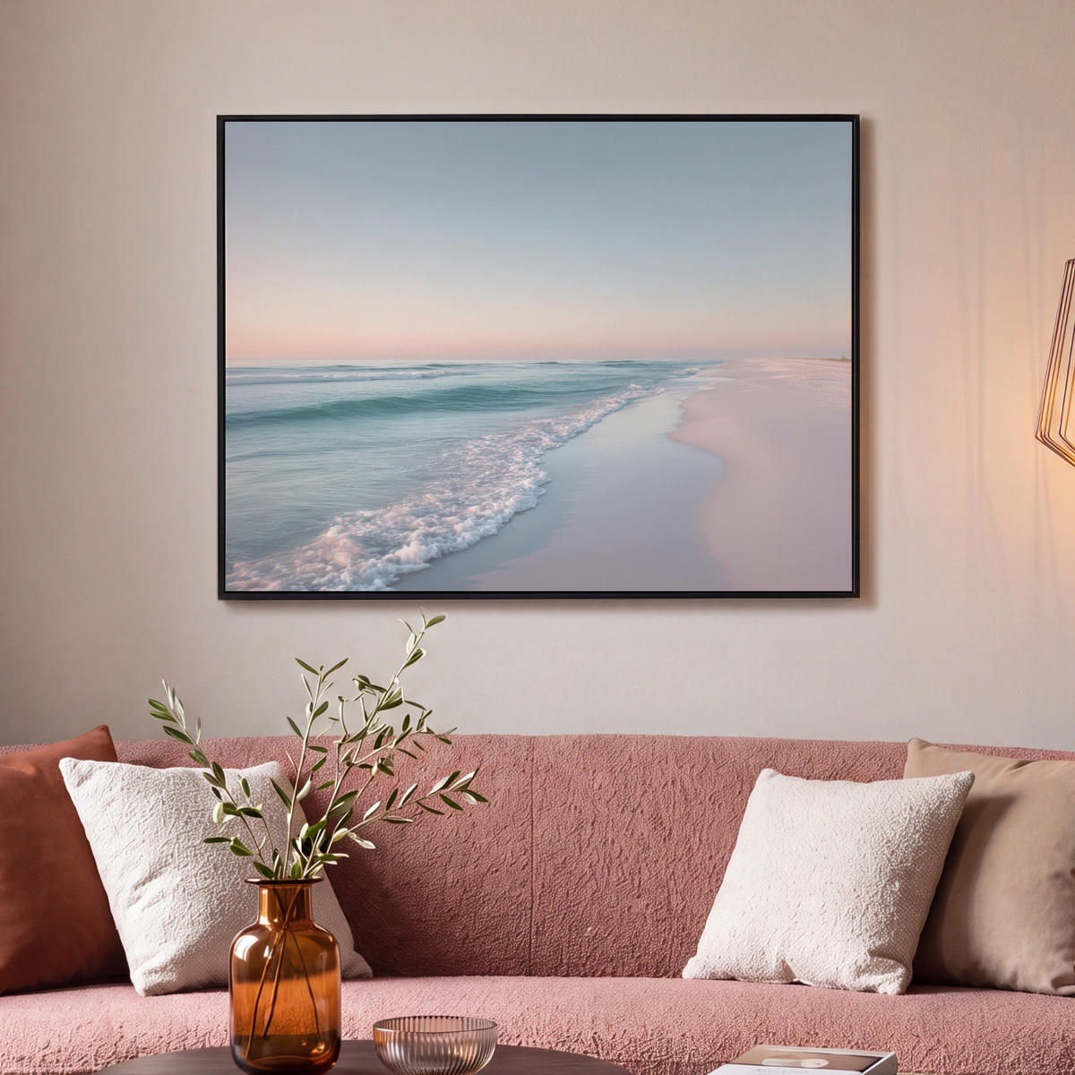 LEINWAND Bilder mit Rahmen - Küstenlinie - Pastell - Wasser - 100x70 - Pastellblau, Textil (100/70cm) - MuchoWow