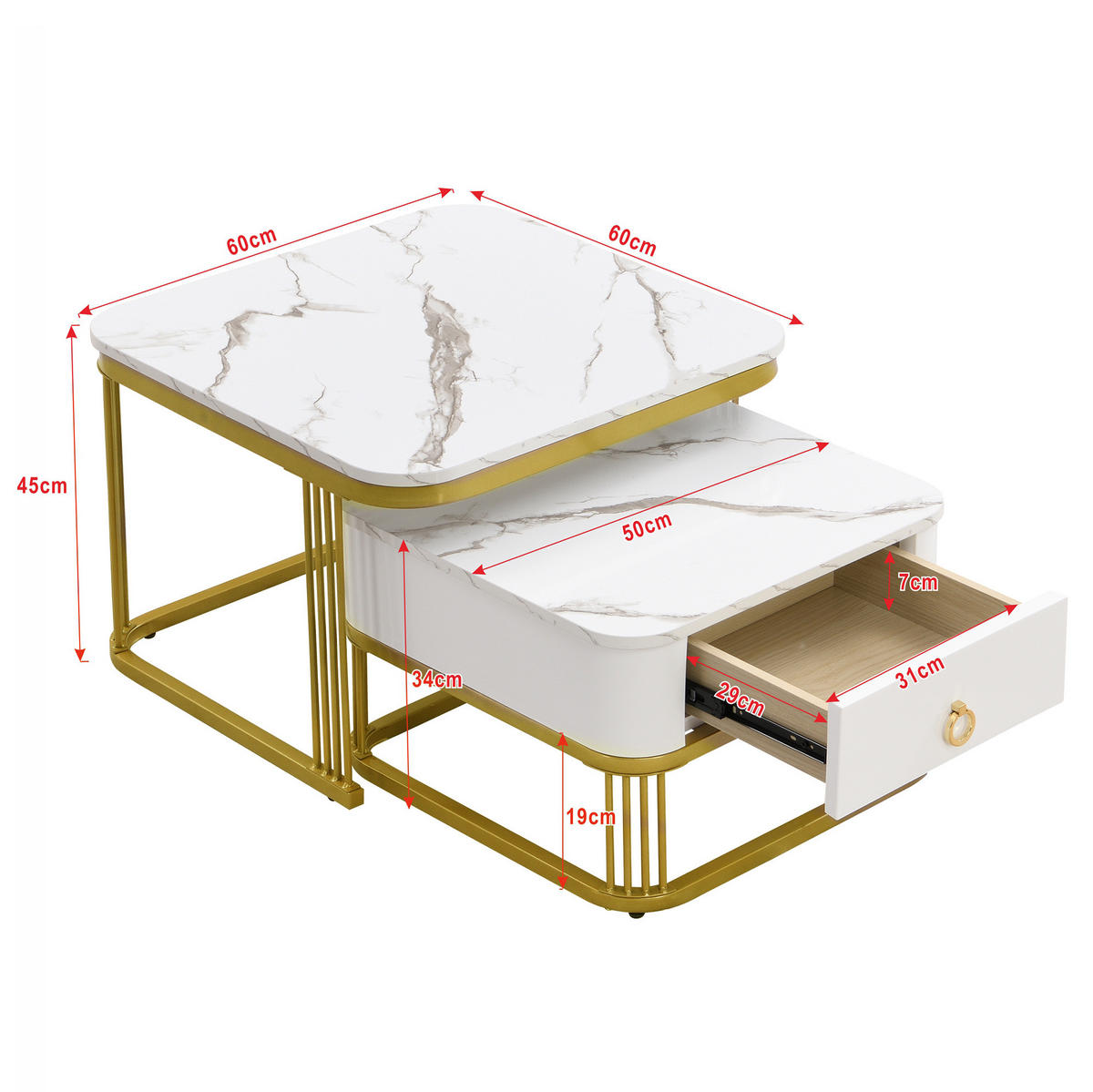 COUCHTISCH 2‑teilig MDF Hochglanz Marmoroptik mit goldenen Metallakzenten und Schublade 60/60/45 + 50/50/34 cm, Weiß und Gold - Weiß, Holzwerkstoff (60/60/45cm) - Redom