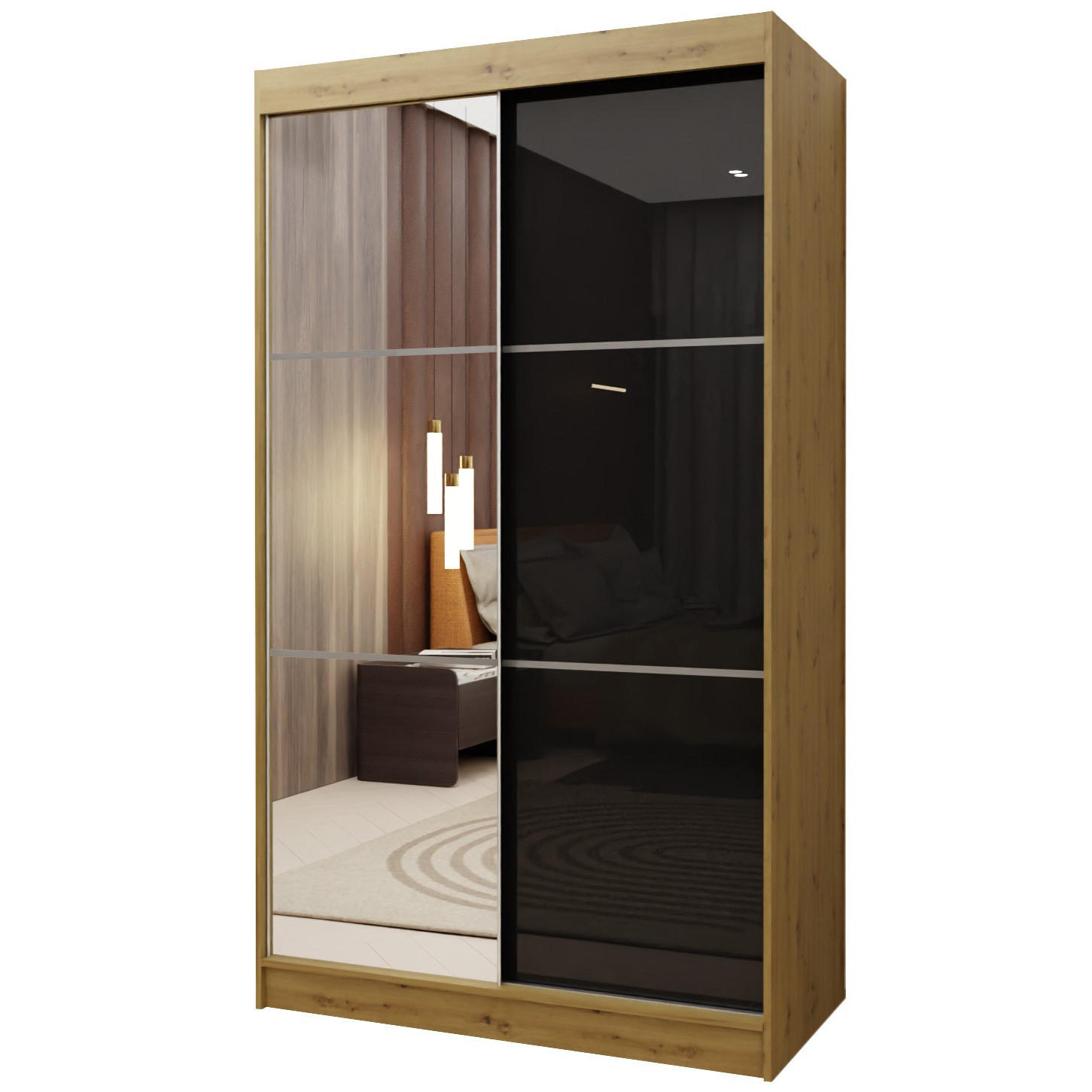 SCHWEBETÜRENSCHRANK VITALE 120/216/61 cm 2-türig mit Spiegel Eiche Artisan - Schwarz/Eiche Artisan, Holzwerkstoff (120/216/61cm) - MASSENO