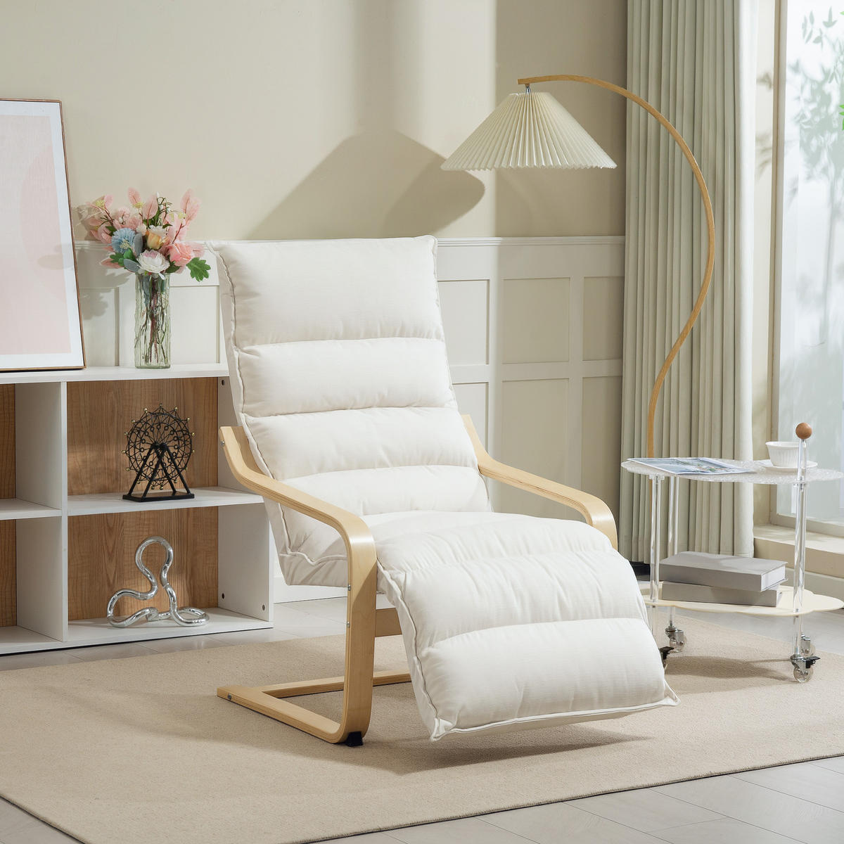 RELAXSESSEL DE-13311 mit verstellbarer Fußstütze & Veloursbezug Creme - Creme, Holz (67/105/93cm) - ComfortXL