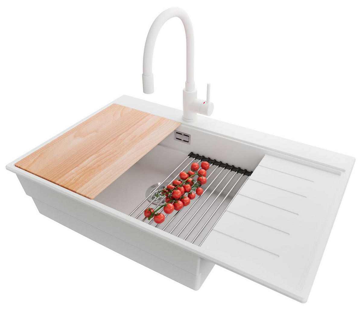 GRANITSPÜLE Sydney, 2-er set Weiß 78/50 cm 1 Becken + Küchenarmatur 38/14 cm + Ablauf-Set + Küchenzubehörset ab 60er Unterschrank - Chromfarben/Beige, Kunststoff (78/20/50cm) - Primagran