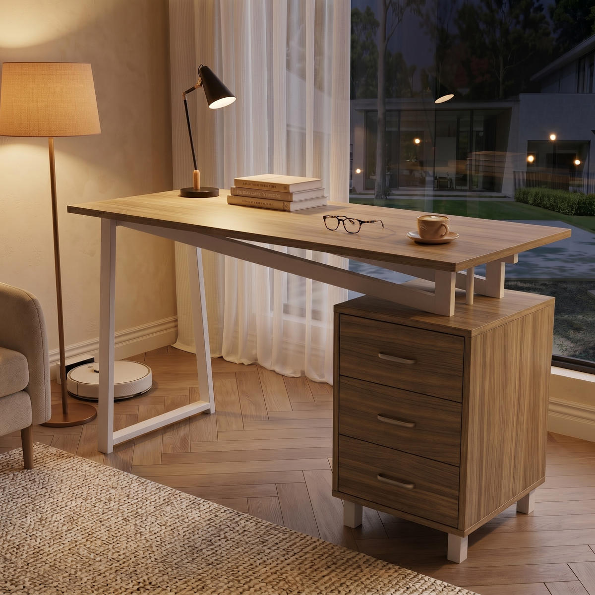 SCHREIBTISCH Naturholzfarben und Weiß 130/55/75 cm mit 3 Schubladen - Naturfarben, Holzwerkstoff (55/130/75cm) - PANGIVO