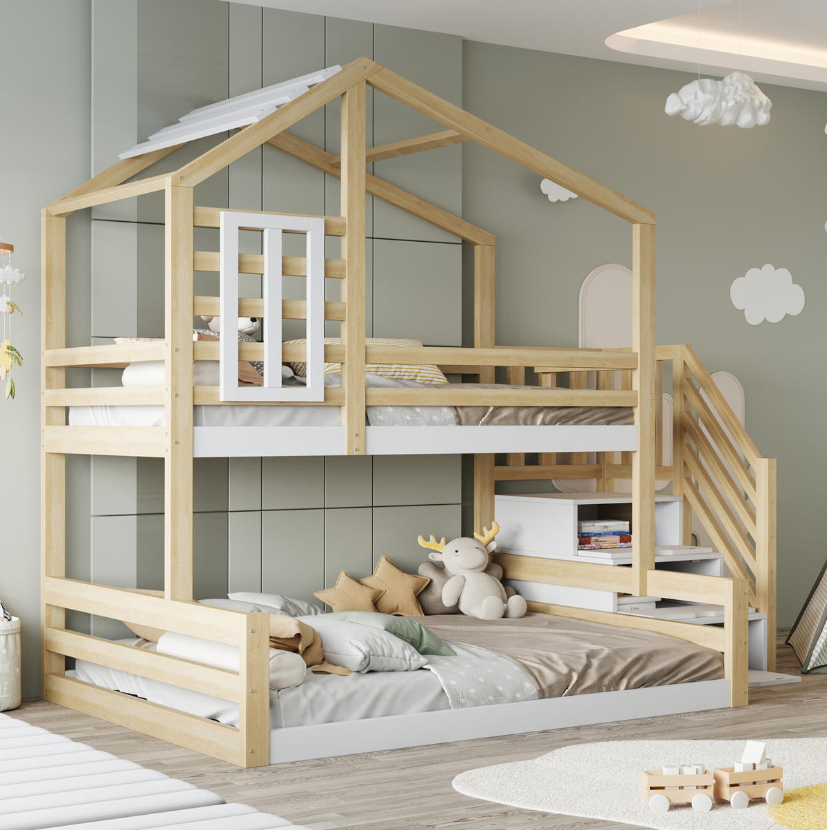 ETAGENBETT mit Stauraumtreppe 90x200/140x200 cm Kiefernholz Natur - Braun, Holzwerkstoff (140/200cm) - Beauniv