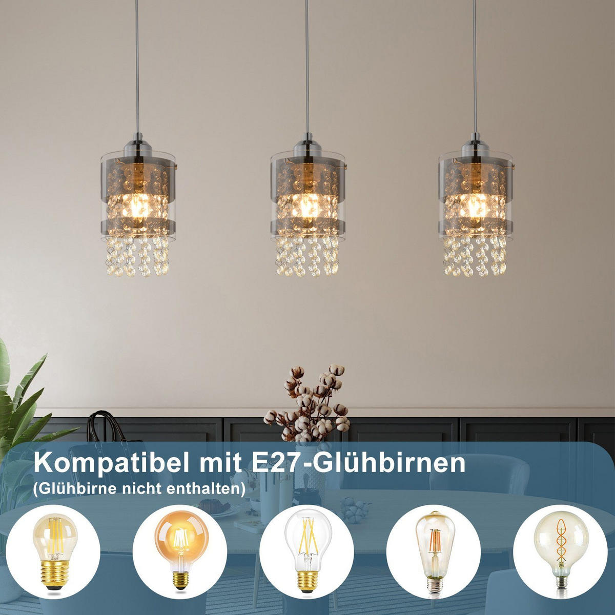 HÄNGELEUCHTE Hoch 3-flammig 63/17/19 cm - Schwarz, Glas (63/17/19cm) - Nettlife
