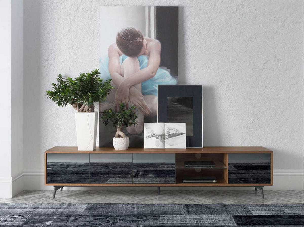 TV-ELEMENT TV-Möbel mit Spiegeleffekt aus schwarzem Glas, Nussbaum und schwarzem Stahl 240/45/50 cm - Walnussfarben/Schwarz, Holz (240/50/45cm) - ANGEL CERDA