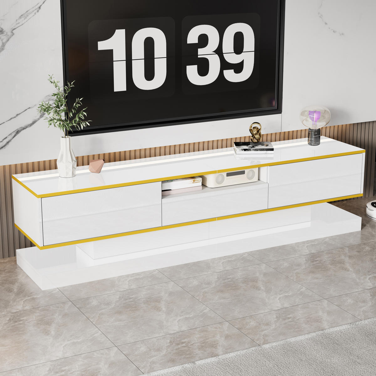 TV-ELEMENT180X38X45CM Weiß-Hochglanz mit LED-Beleuchtung und 3 Schubladen - Weiß, Holz (44.45/20.96/78.74cm) - Raelunyi