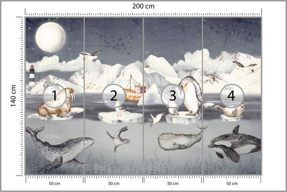 FOTOTAPETE für Kinderzimmer Arktische Tiere Pinguine Robben Mond Gebirge 200x140 - Orange/Weiß, Papier (200/140cm) - Muralo