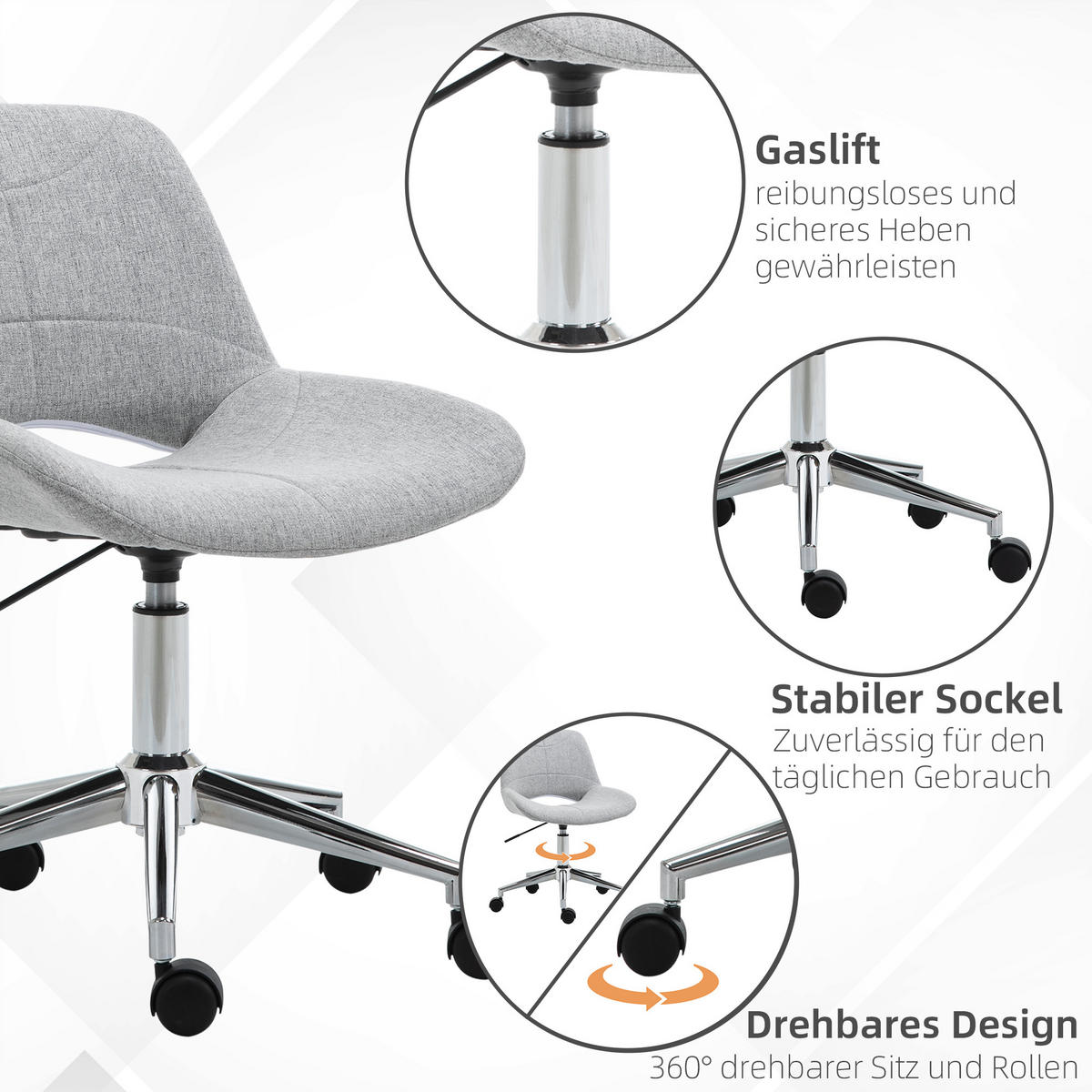 BÜROSTUHL, PC Stuhl, Metall, Hellgrau - Hellgrau, Kunststoff (56.5/73/49cm) - HOMCOM