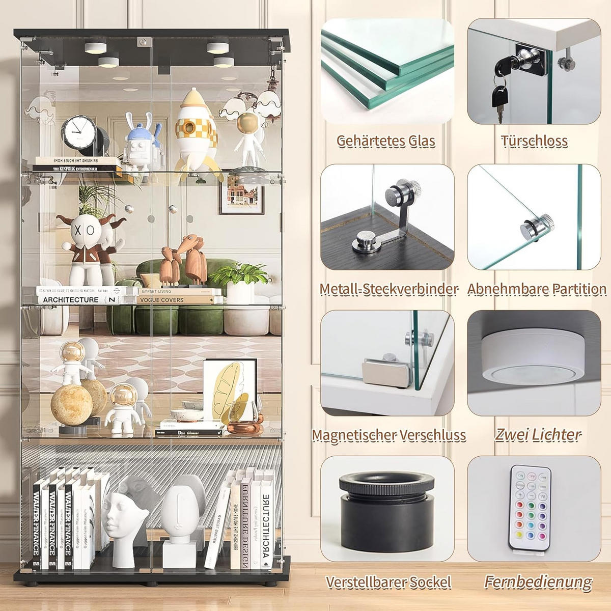 GLASVITRINE LED Vitrinenschrank Schwarz mit 2 Tür 4 Etagen mit Schloss und Spiegeleffekt - Schwarz, Glas (36.49/163.9/80.49cm) - BPKADHY