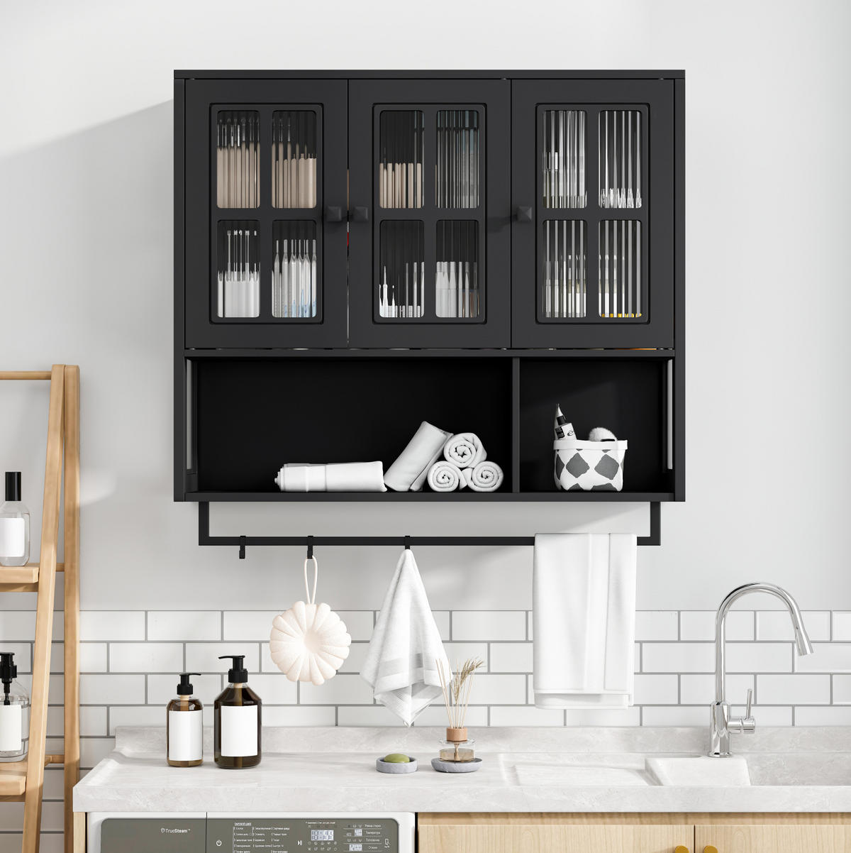 KÜCHENOBERSCHRANK 88x26x82.5 cm in Schwarz aus Sicherheitsglas mit geriffeltem Glas & Handtuchstange - Schwarz, Holzwerkstoff (88/82.5/26cm) - Modfu