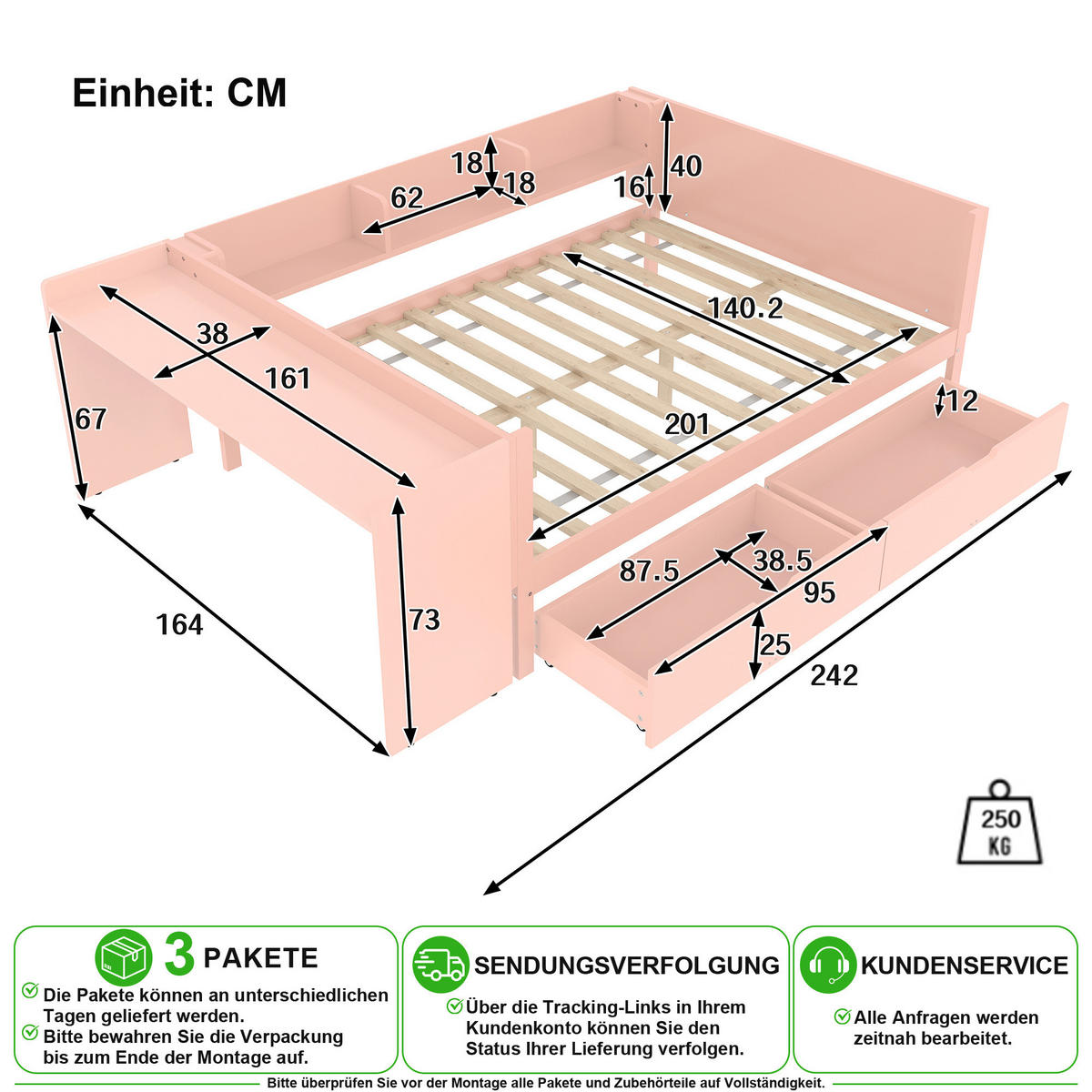BETT 140/200 cm in Rosa mit 2 Schubladen, Regal und Schreibtisch - Rosa, Holz/Holzwerkstoff (140/200cm) - CHICFURN