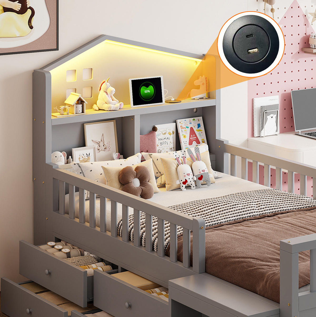 KINDERBETT 90/200 cm grau aus Massivholz mit Schubladen und LED - Grau, Holzwerkstoff (90/200cm) - OKWISH