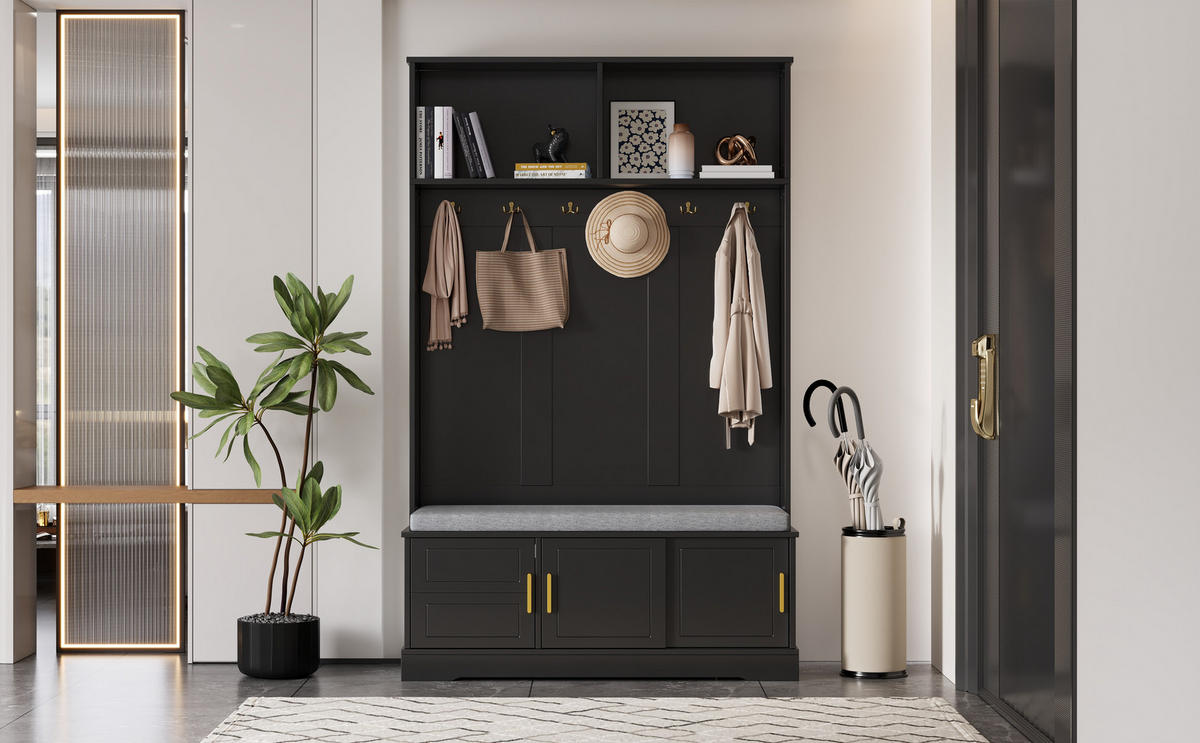 STANDGARDEROBE 120/40/191 cm in Schwarz mit 6 Haken, Sitzbank und Schuhablage - Schwarz, Holzwerkstoff (40/191/120cm) - BEAOK