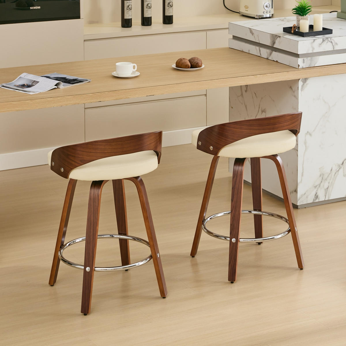 BARHOCKER 2er-Set, drehbar, aus Holz, gepolsterte Sitzfläche, Beige, DE1854BG - Beige/Braun, Leder/Textil (46.5/77.5/46.5cm) - Meubles Cosy