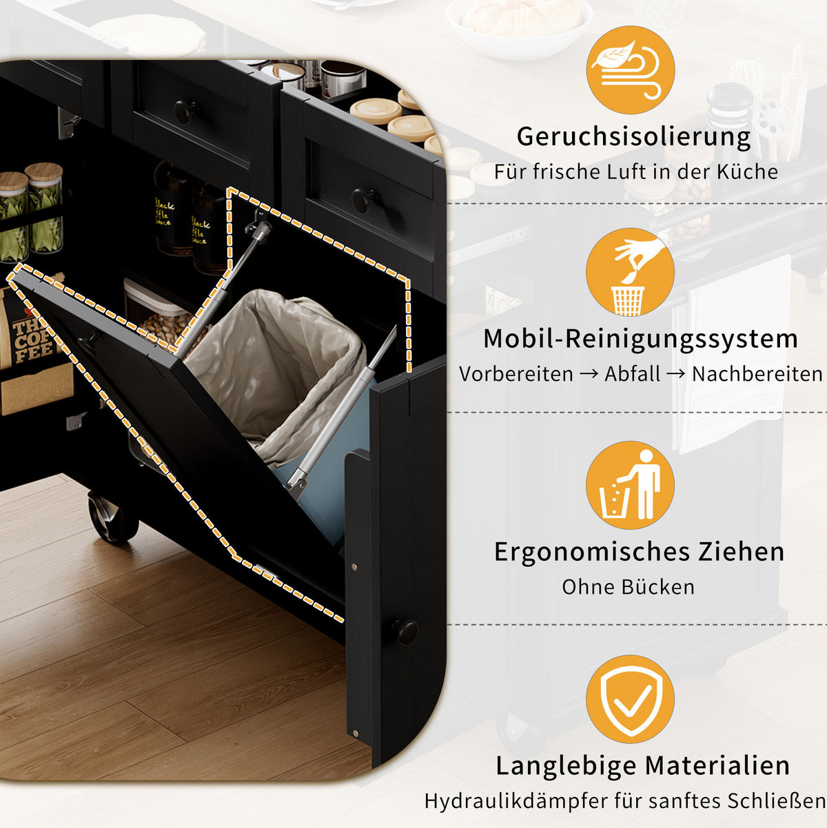 KÜCHENINSEL 112/46,2-76,2/92,7 cm aus MDF mit ausziehbarer Arbeitsplatte, Mülleimerfach und Rollen, Schwarz/Natur - Schwarz, Holzwerkstoff (112/92.7/76.2cm) - Redom