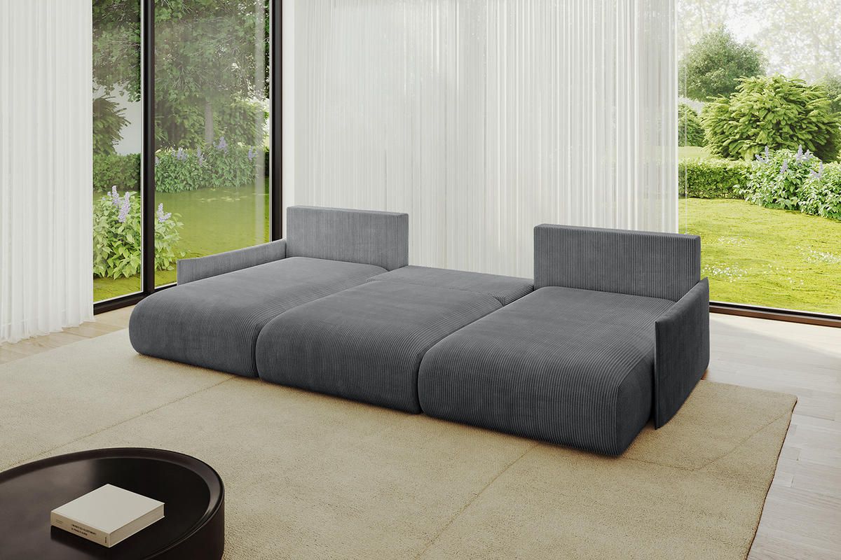WOHNLANDSCHAFT mit Schlaffunktion und Bettkasten ONESK-U-v1 304x165x40 Dunkelgrau Cord - Dunkelgrau, Holzwerkstoff/Kunststoff (304/90/165cm) - ALTDECOR