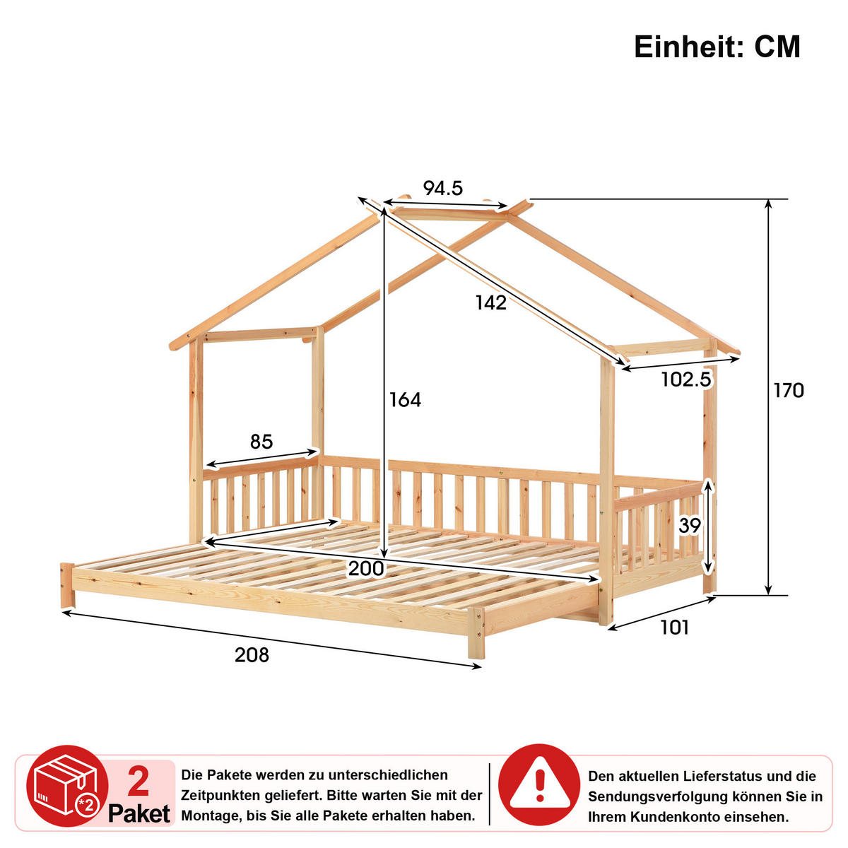 KINDERBETT 90/200 cm & 180/200 cm in Natur ausziehbar mit Hausrahmen und Geländer - Naturfarben, Holz/Holzwerkstoff (90/200cm) - CHICFURN