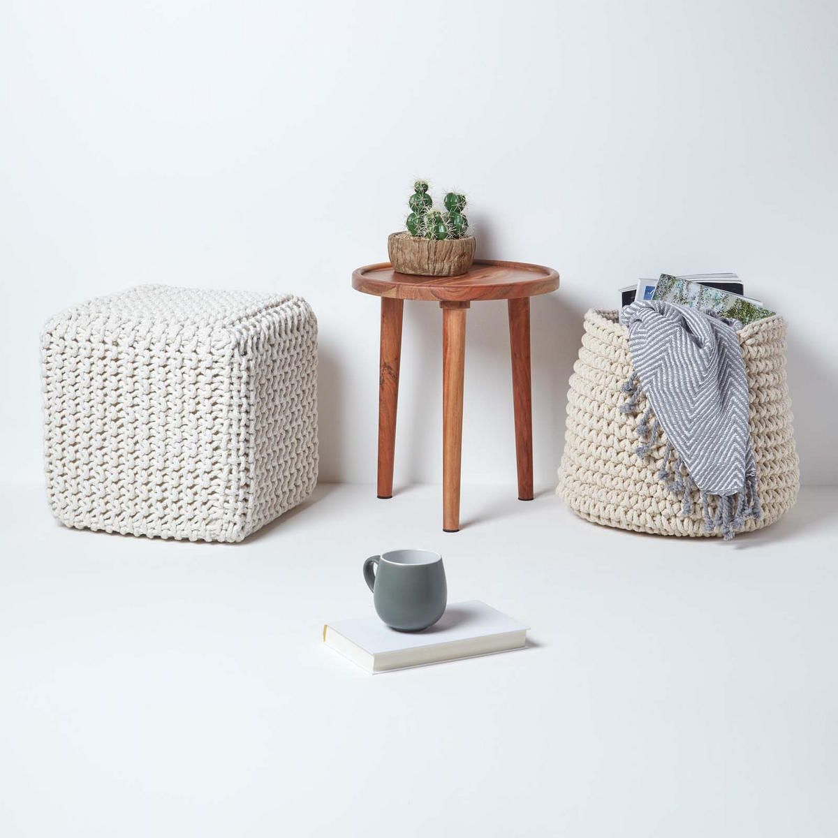 STRICK-POUF natur, Sitzwürfel 35/35/35 cm - Naturfarben, Textil (35/35/35cm) - Homescapes