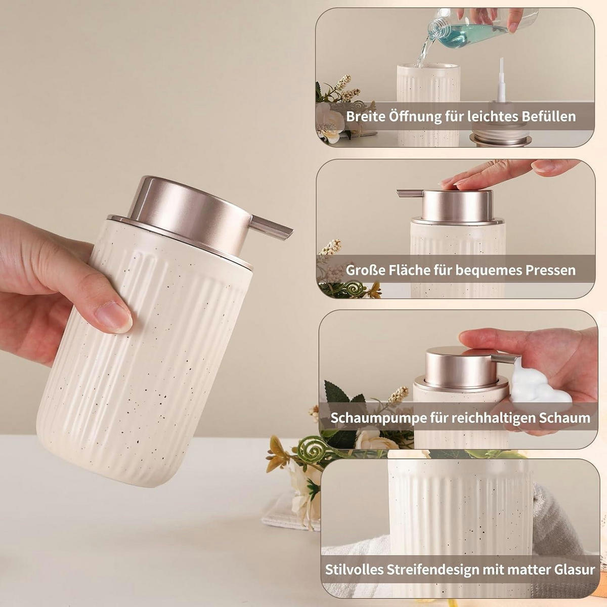 SEIFENSPENDER Keramik 350ml Streifen Beige & Rosa - Beige, Keramik (8/14/8cm)
