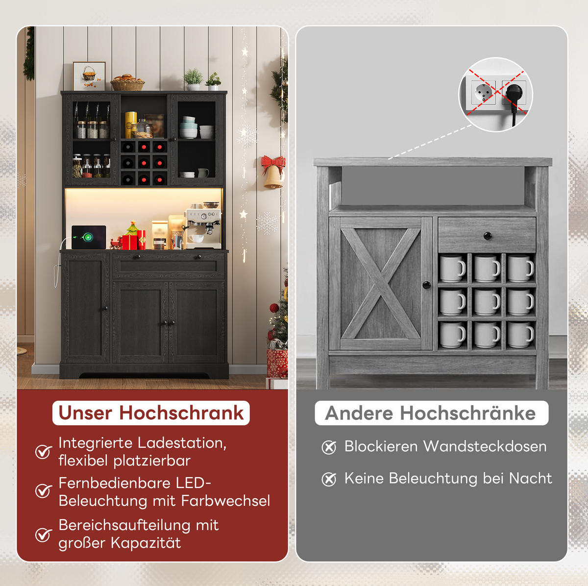 BUFFETSCHRANK 105/40/180 cm aus MDF mit LED-Beleuchtung, Steckdose, Weinregal und verstellbaren Böden, Schwarz - Schwarz, Holzwerkstoff (105/180/40cm) - Redom