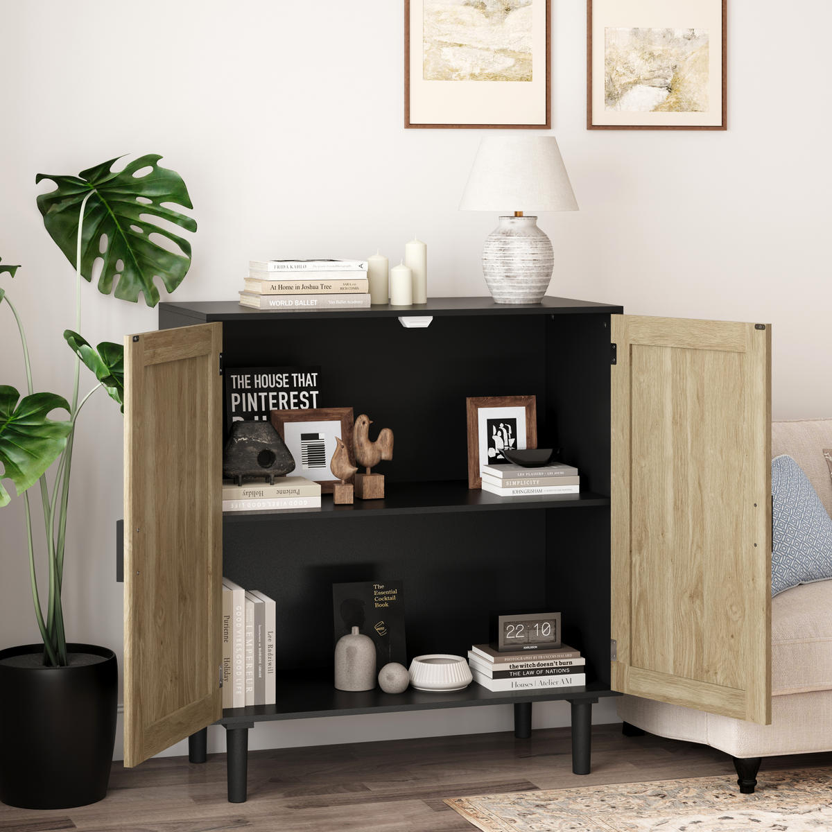 SIDEBOARD in Schwarz mit zwei Rattan-Türen für Wohnzimmer, Esszimmer und Diele, B80/T40/H88 cm - Schwarz/Naturfarben, Holzwerkstoff (80/88/40cm) - STILVORA