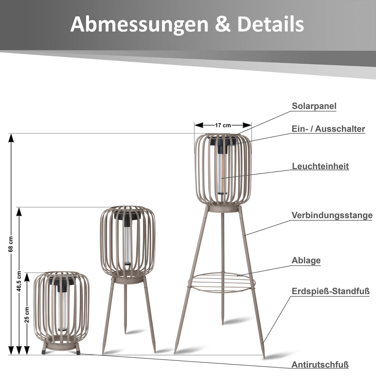 SOLAR-STEHLEUCHTE 3in1 mit COB-LED Solarpanel ELBLIGHT 17x17x68cm Metall Höhenverstellbar beige - Schwarz, Metall (17/17/68cm) - Northpoint