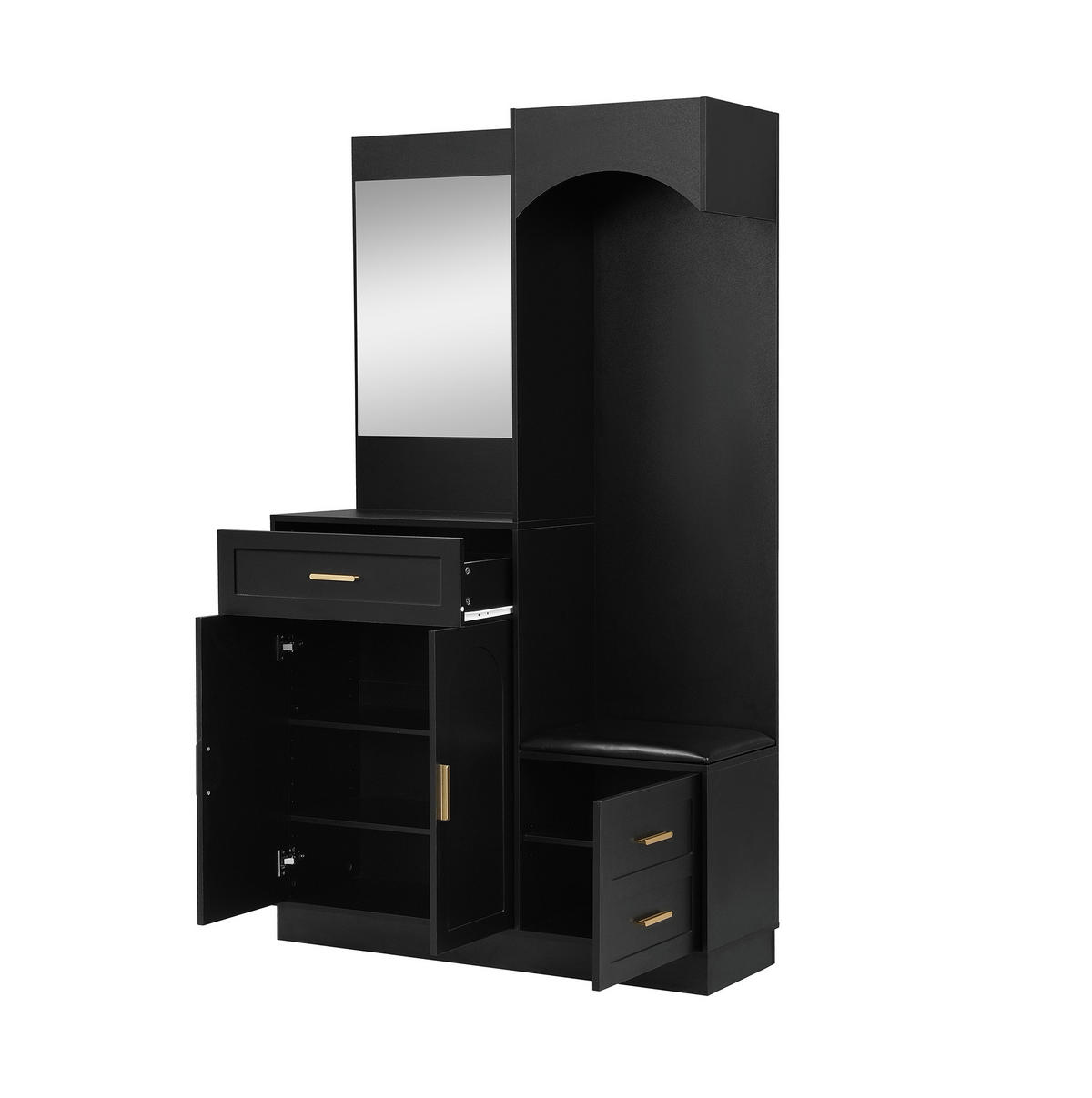 KOMPAKTGARDEROBE 110/33/185,5 cm aus MDF mit Spiegel und Schuhbank Schwarz - Schwarz, Holzwerkstoff (110/185.5/33cm) - Modenvie