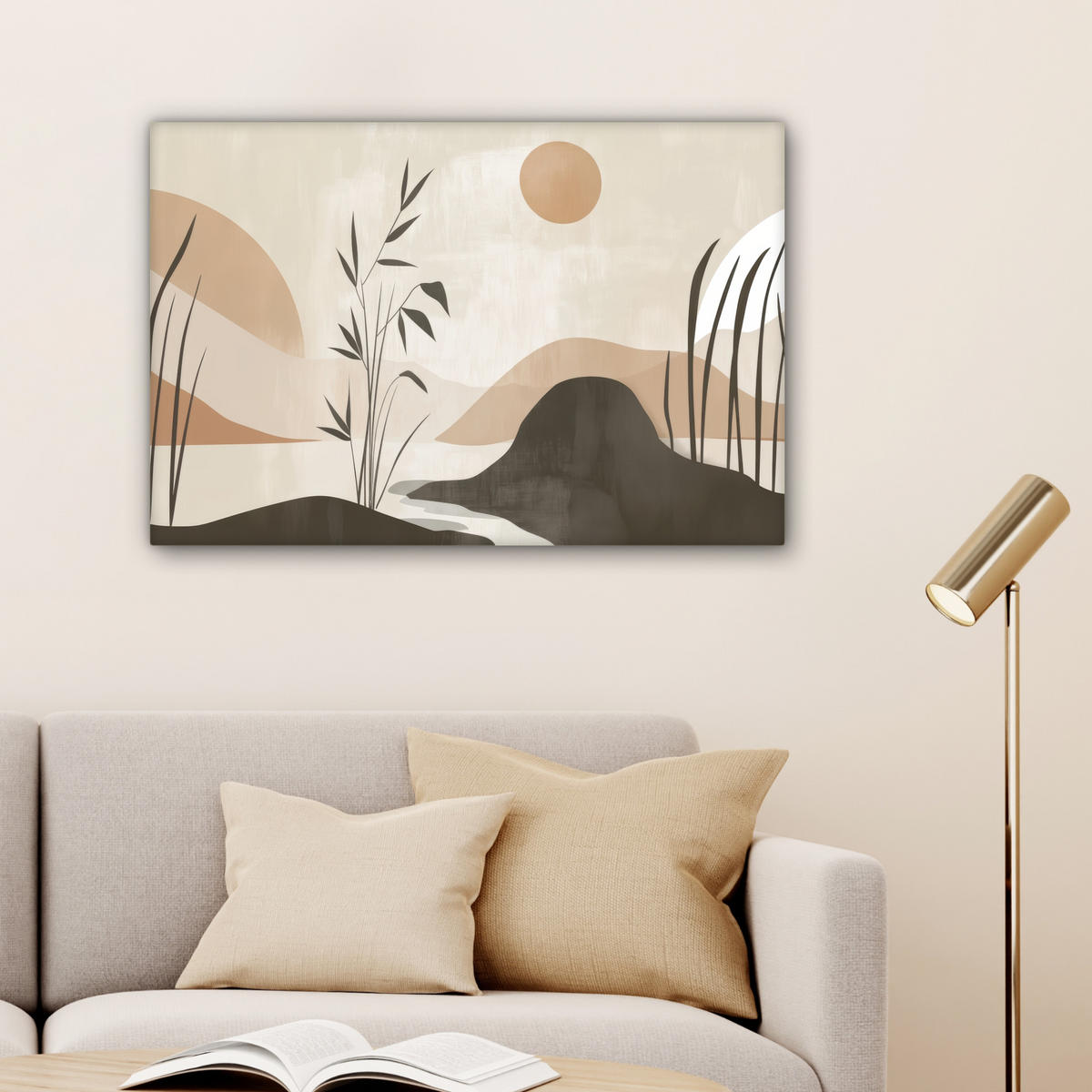 LEINWANDBILD Japandi - Landschaft - Beige Wanddeko 90x60 cm - Cognac, Textil (90/60cm) - MuchoWow