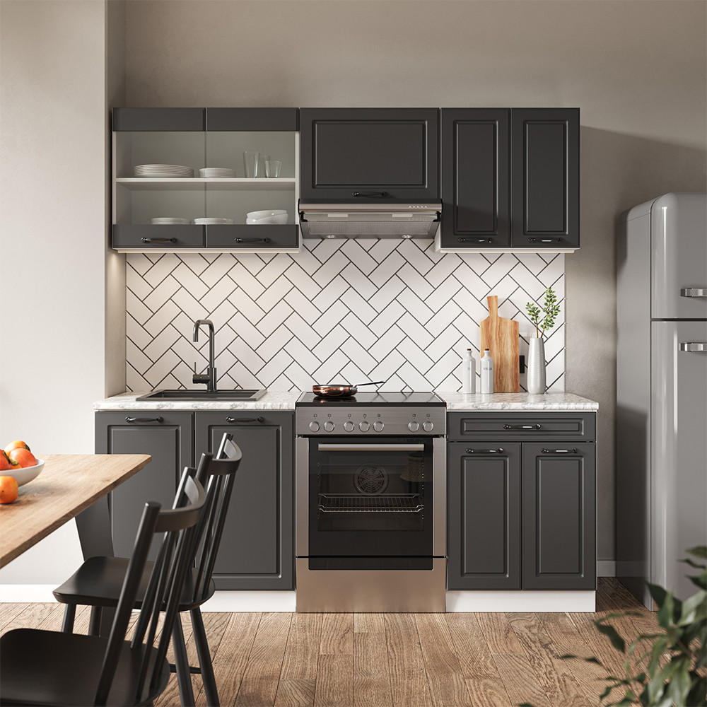 KÜCHENZEILE R-Line Anthrazit Landhaus/Weiß 200 cm, AP Marmor - Anthrazit, Holzwerkstoff (200/81.6/60cm) - Vicco