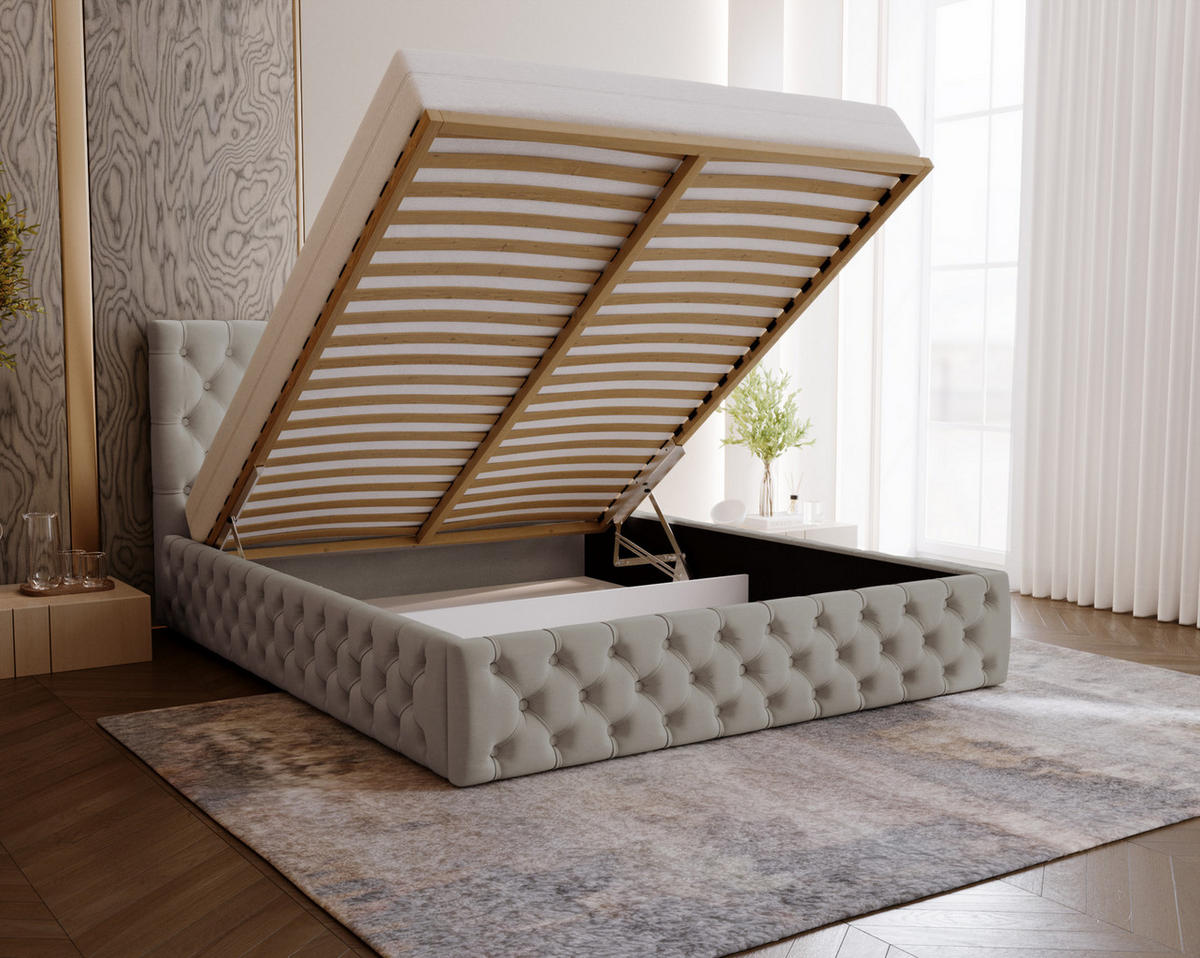 POLSTERBETT 140x200 Verti Slim, Chesterfield, Hellgrau - Hellgrau, Holz/Textil (140/200cm) - Emporius