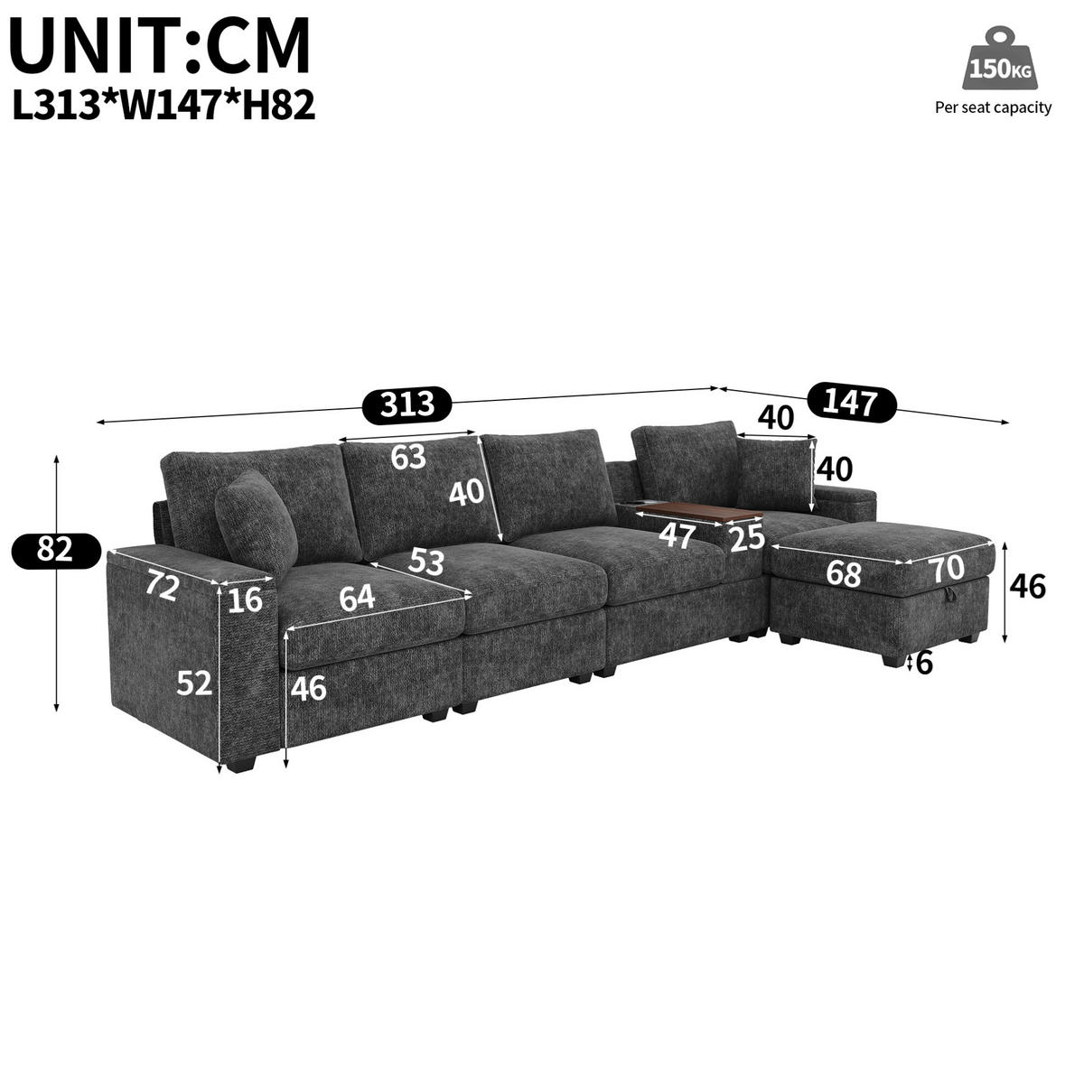 ECKSOFA 313/147/82 cm aus Chenille mit Stauraum, USB/Typ-C und drehbarem Couchtisch Grau - Grau, Textil (147/313cm) - Modenvie