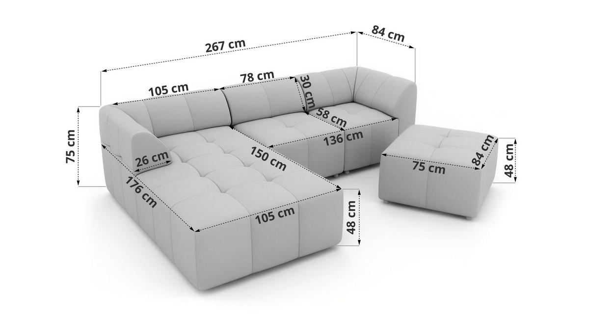 ECKSOFA VORITA L 4M - Dunkelgrau Velvet - Links Seite - Dunkelgrau/Schwarz, Kunststoff/Textil (267/176cm) - MKS