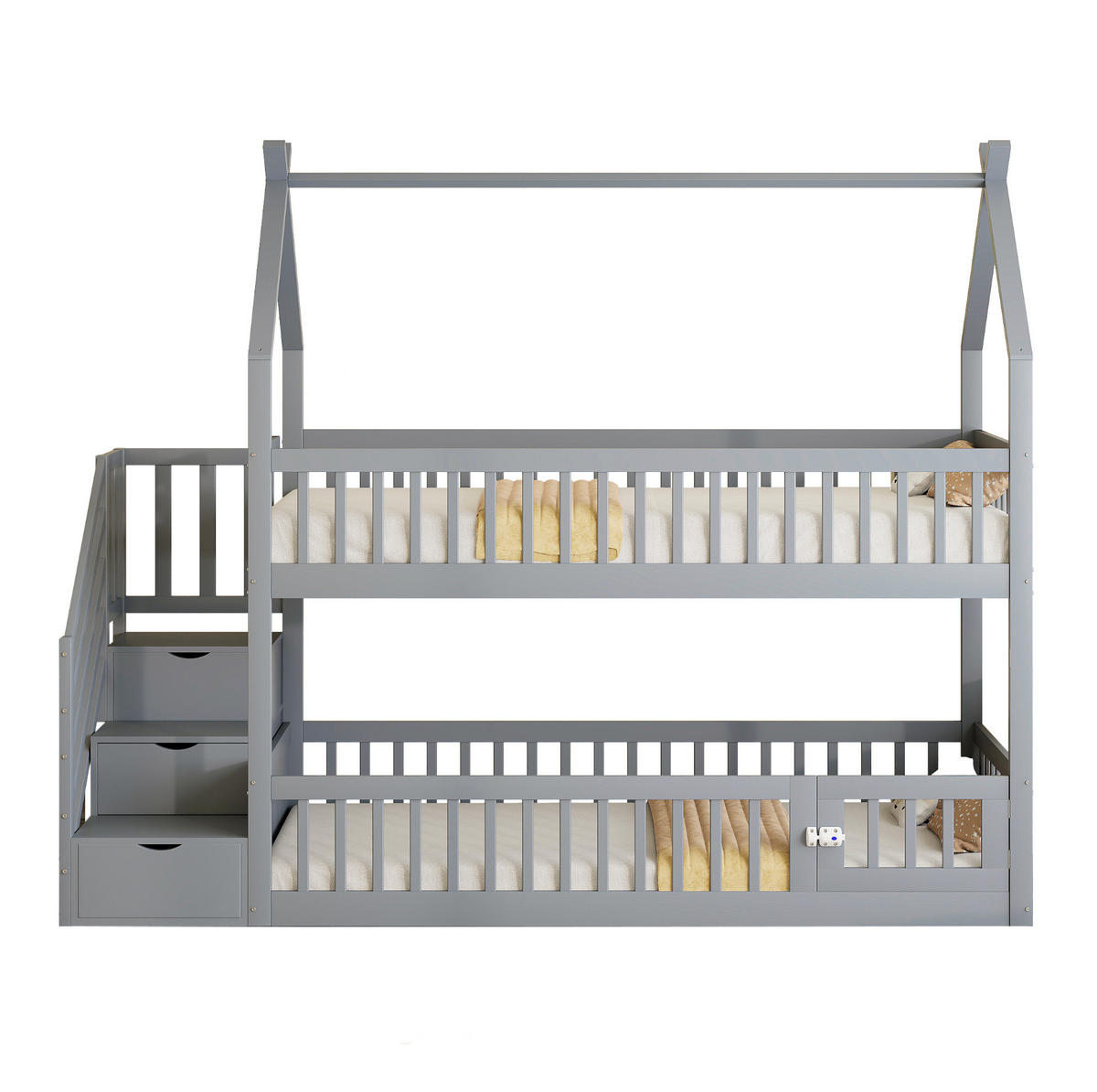 POSCHODOVÁ posteľ 90/200 cm sivá s úložnými schodmi a strechou z masívneho dreva - sivá, drevo (90/200cm) - OKWISH