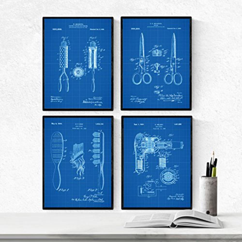 POSTER Set mit 4 Blau Friseurläden Patent A4 Rahmenlos - Klar, Papier (29.7/3cm) - Nacnic