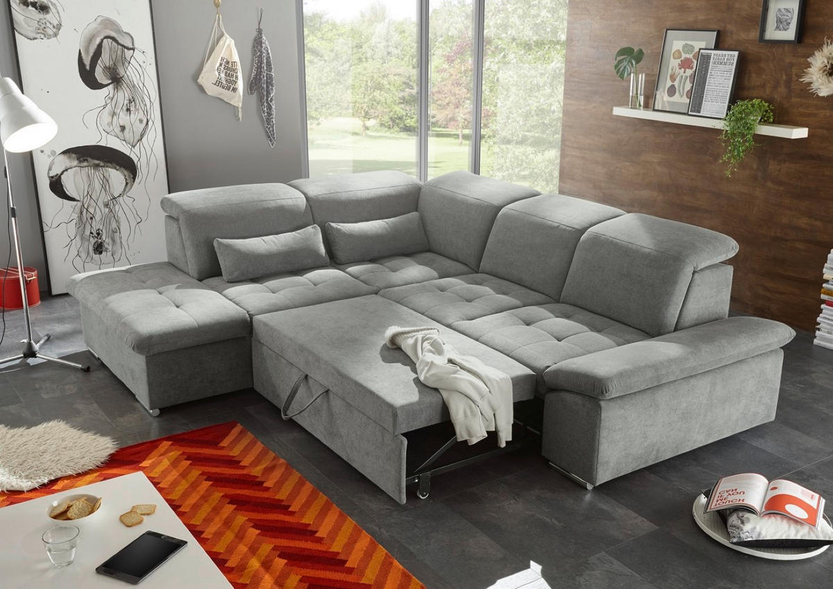 ECKSOFA mit Schlaffunktion mit Bettkasten und verstellbaren Kopf- und Rückenlehnen - Chromfarben/Schlammfarben, Textil (276/240cm) - ed exciting design