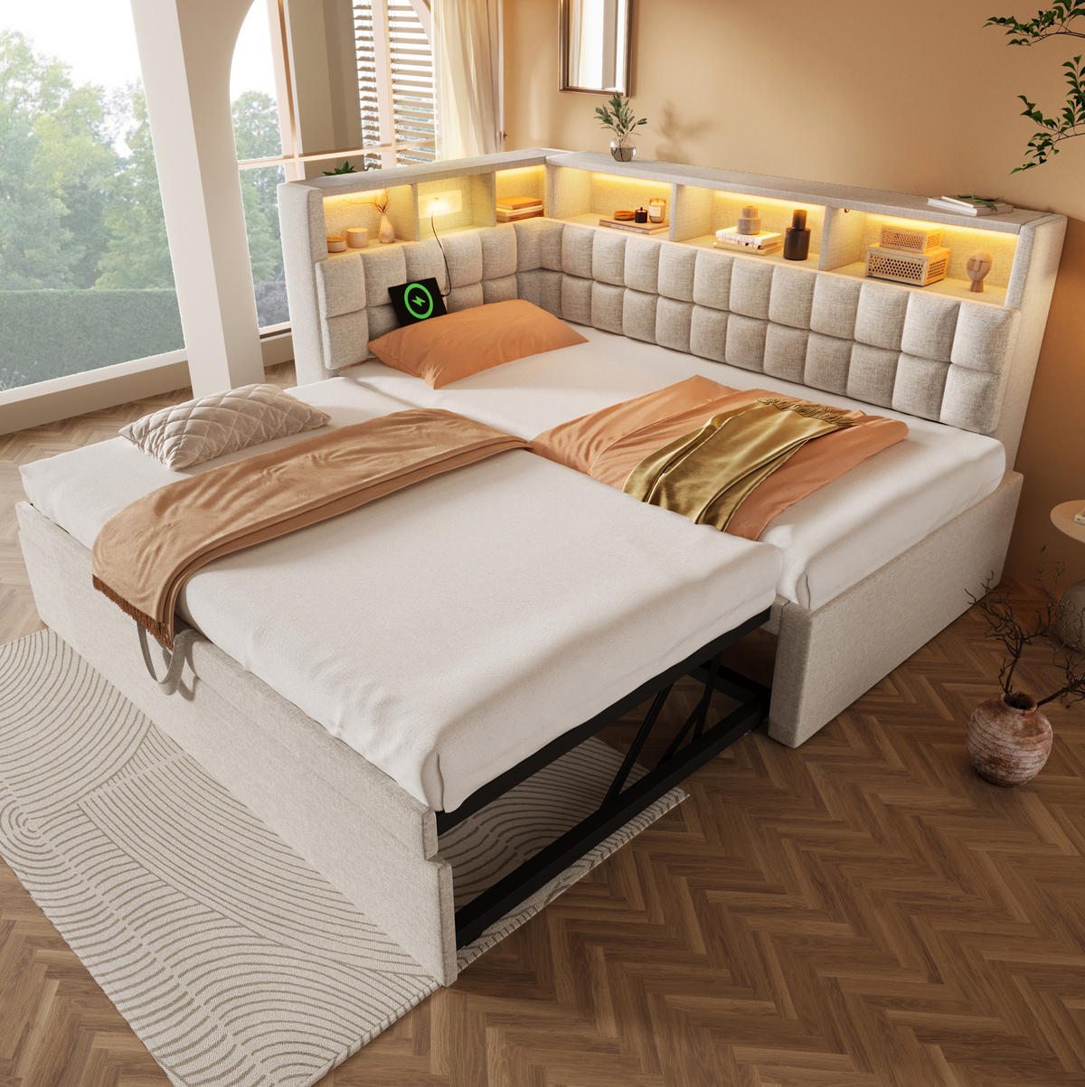 AUSZIEHBETT 90/200 cm Beige mit LED-Beleuchtung Bluetooth-Lautsprecher und USB- und Type-C-Anschlüssen aus Leinen - Beige, Textil (90/200cm) - OKWISH