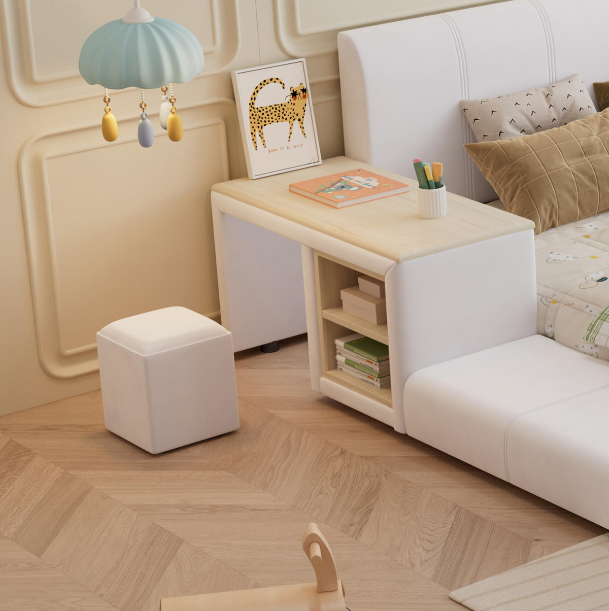 POLSTERBETT 140/200 cm Weiß aus Samt mit Schreibtisch und Hocker - Weiß, Textil (140/200cm) - OKMYHOME
