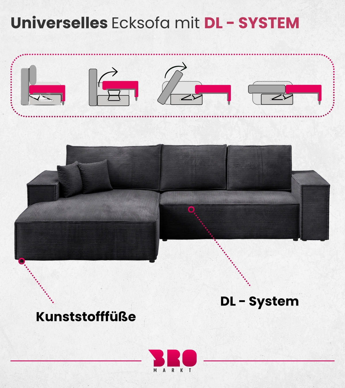 ECKSOFA Pablo mit Schlaffunktion Schwarz Cord - Schwarz, Textil (294/185cm) - Bromarkt