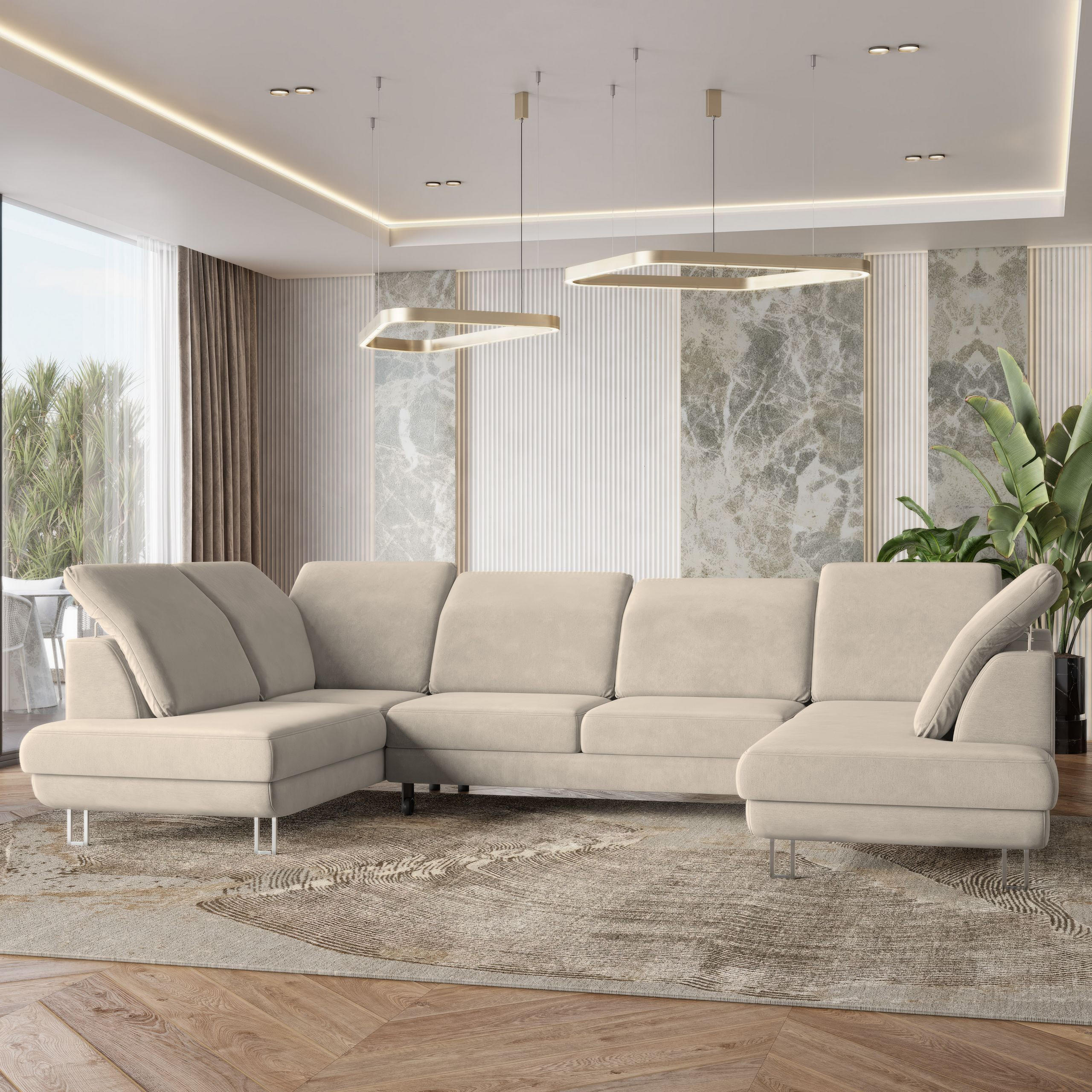 WOHNLANDSCHAFT TERAMO Creme Velours-Stoff mit Schlaffunktion - Creme, Holz (316/88/193cm) - MASSENO