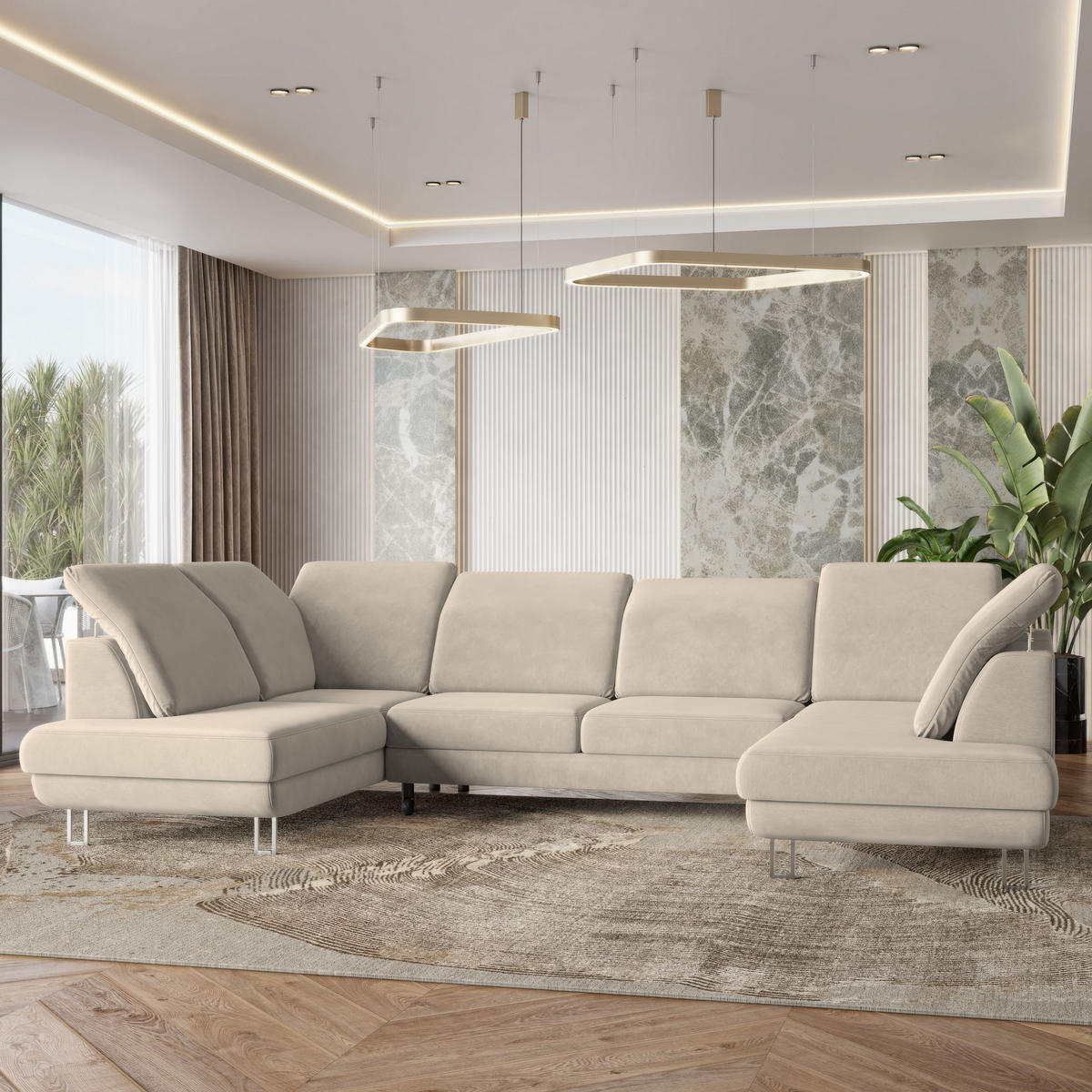 WOHNLANDSCHAFT TERAMO Creme Velours-Stoff mit Schlaffunktion - Creme, Holz (316/88/193cm) - MASSENO