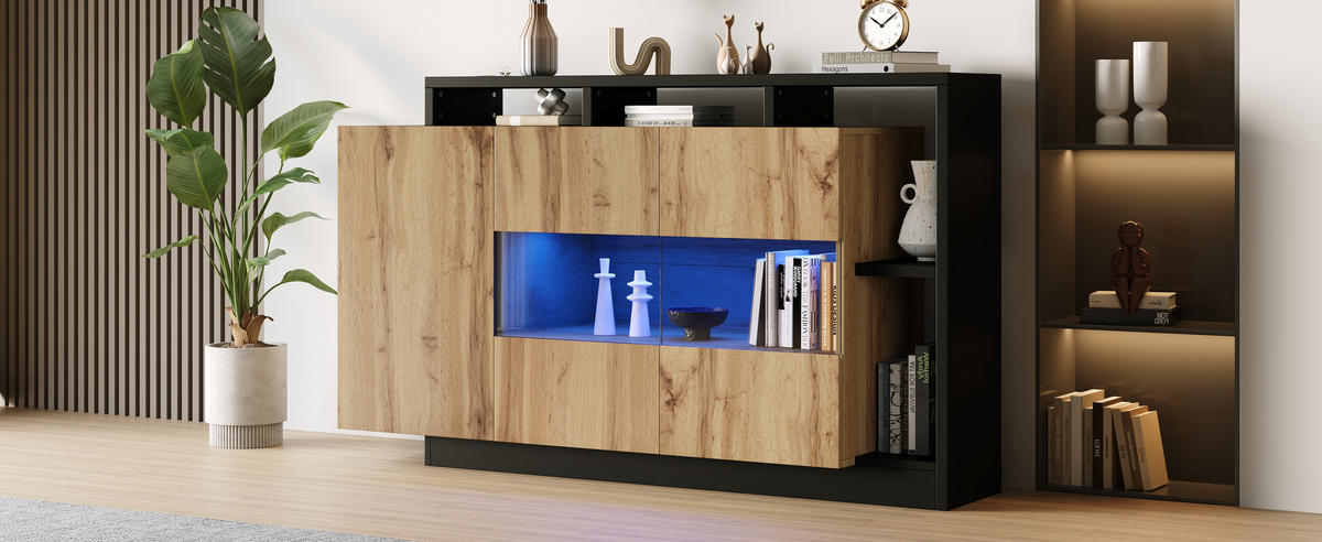 SIDEBOARD mit RGB-LED und Bluetooth, Holzoptik MDF, matte Oberfläche und schwarzem Metallrahmen, 140/44/93,5 cm,Naturfarben - Naturfarben, Holzwerkstoff (140/93.5/44cm) - Redom